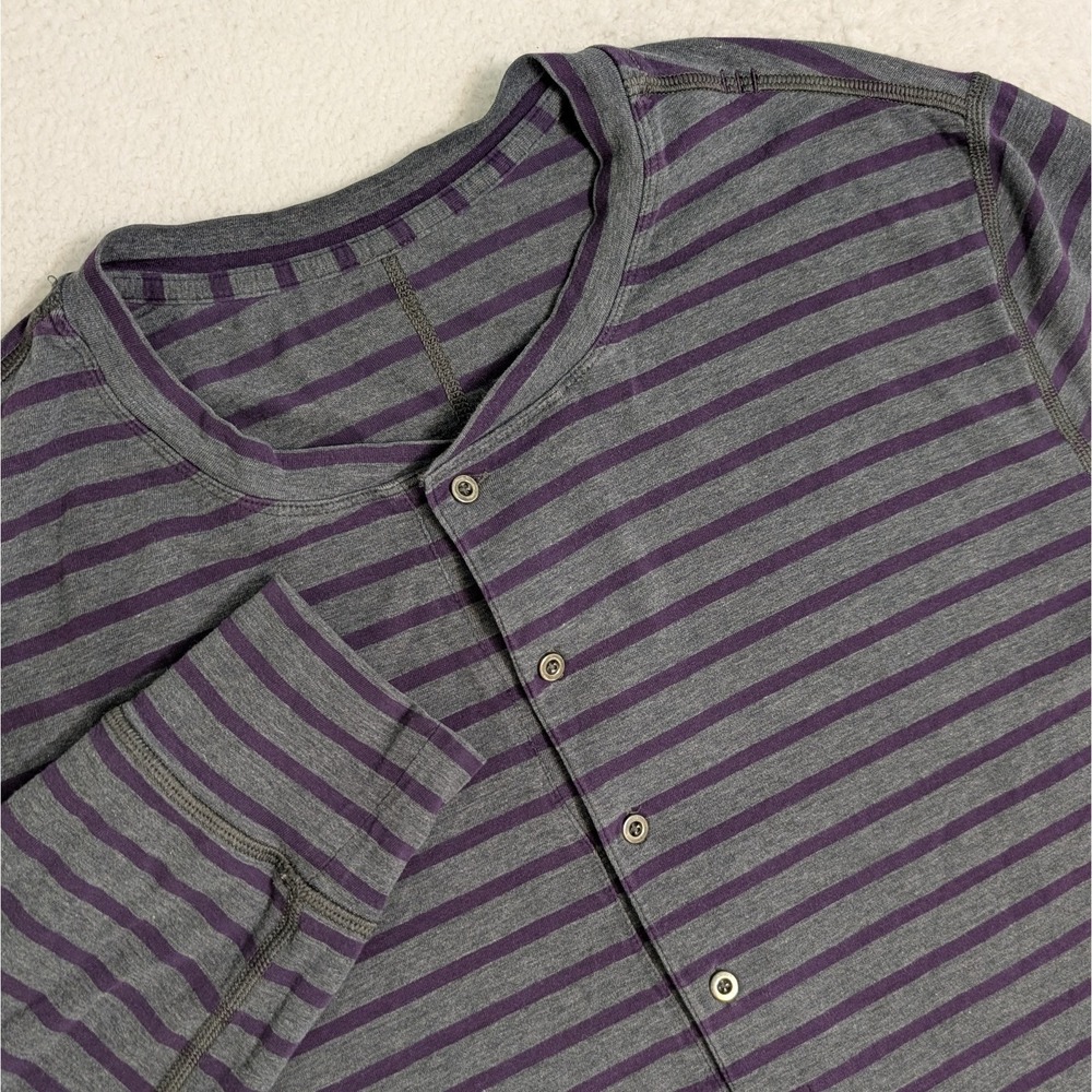 Lululemon Mens M Shirt Gray Purple Stripe Long‎ Sleeve Four Button Henley
